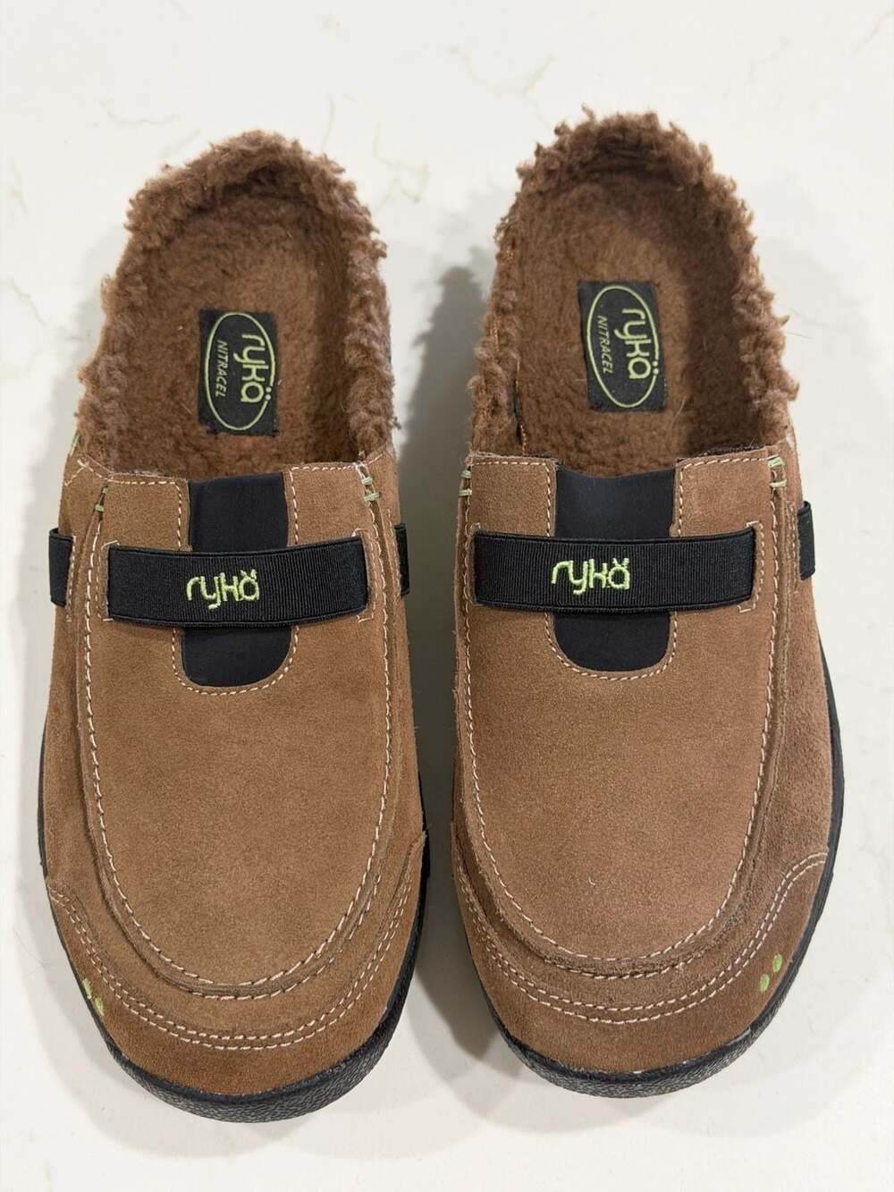 Ryka Nitracel Brown Suede Shearling Fur Lined Slip-On Mules Shoes Women's 8.5W